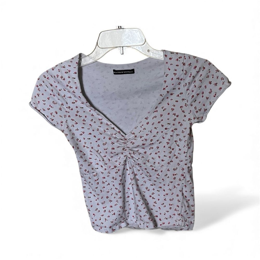 Brandy Melville White/Pink Floral Short Sleeve Cropped Gina Top One Size XS-M